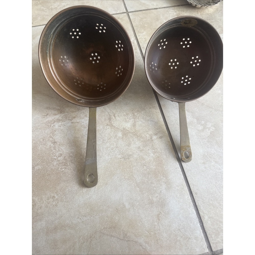 2 Vintage Copper Colander with Brass Handle (sh)